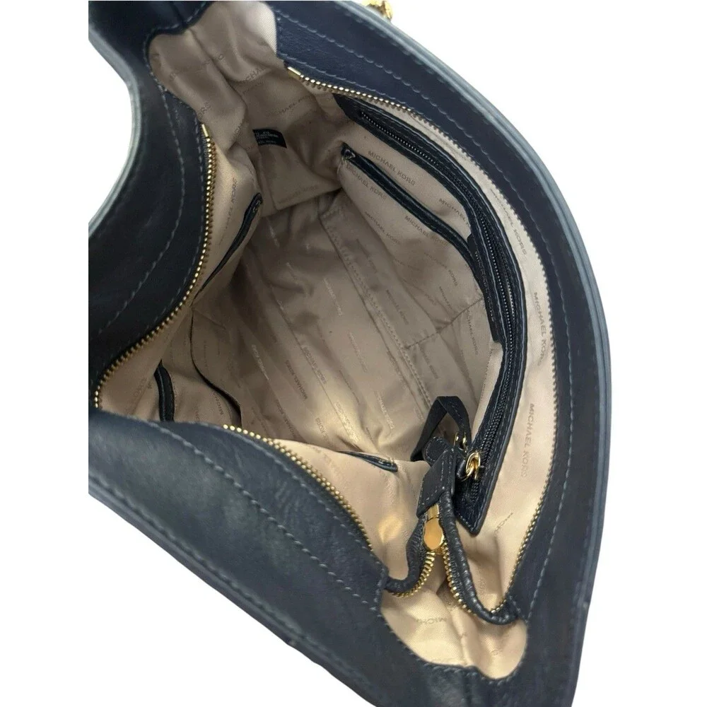 Michael Kors Navy Blue Pebbled Leather Chain Shoulder Tote Gold Lock Charm Bag